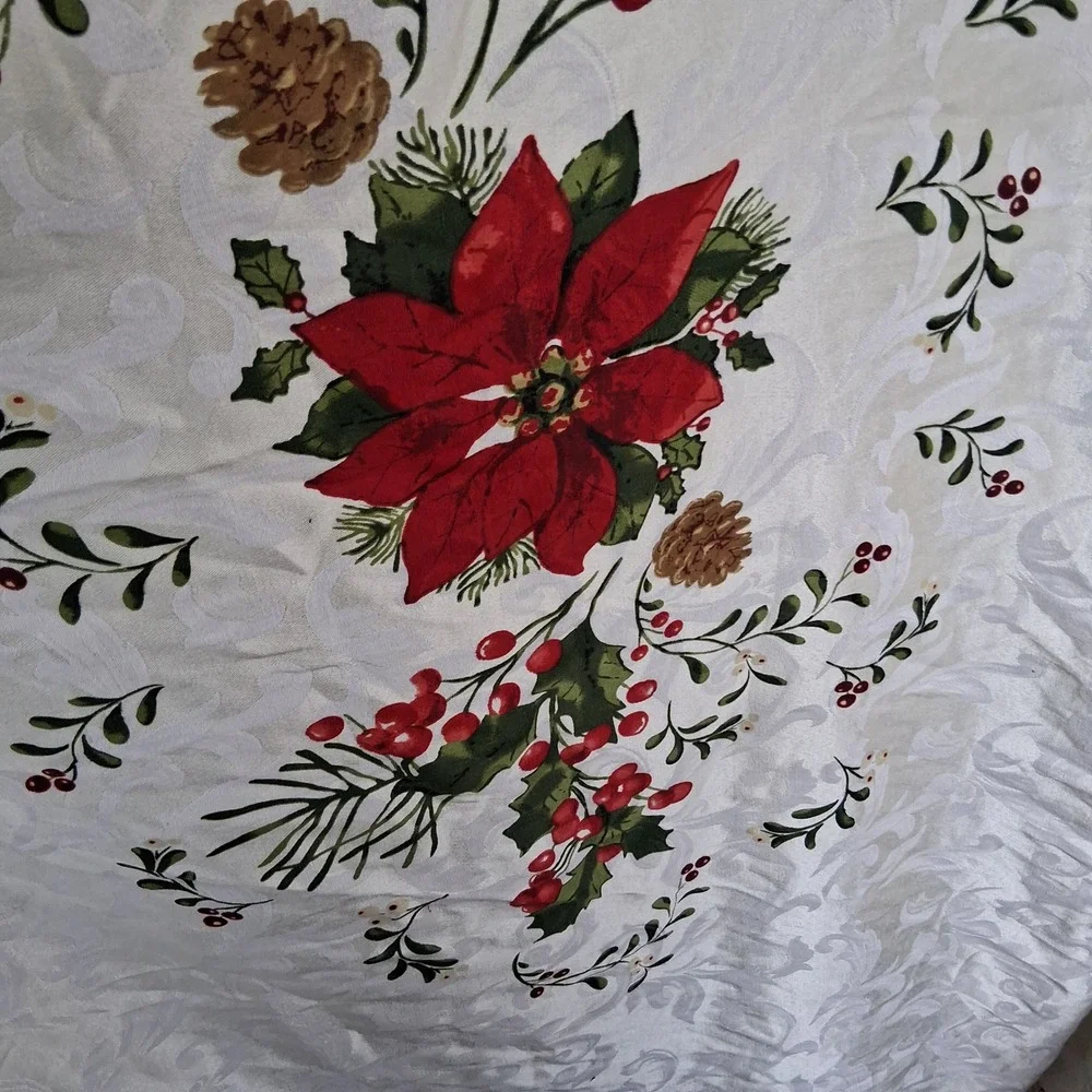 Vintage 90s Y2k Christmas Tablecloth Damask Cardinal Poinsettia 60x84